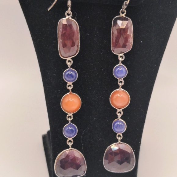 Sapphire Tanzanite Peach MoonstoneDrop Earrings 3 1/2 
